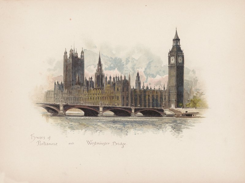 Ismerős London: a Parlament és a Westminster-híd (színes litográfia) alkotó: Allan F. Barraud