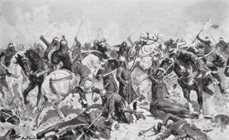 A Rajputok utolsó harca a mohamedánok ellen Kr. u. 1192-ben (litográfia) alkotó: Allan Stewart