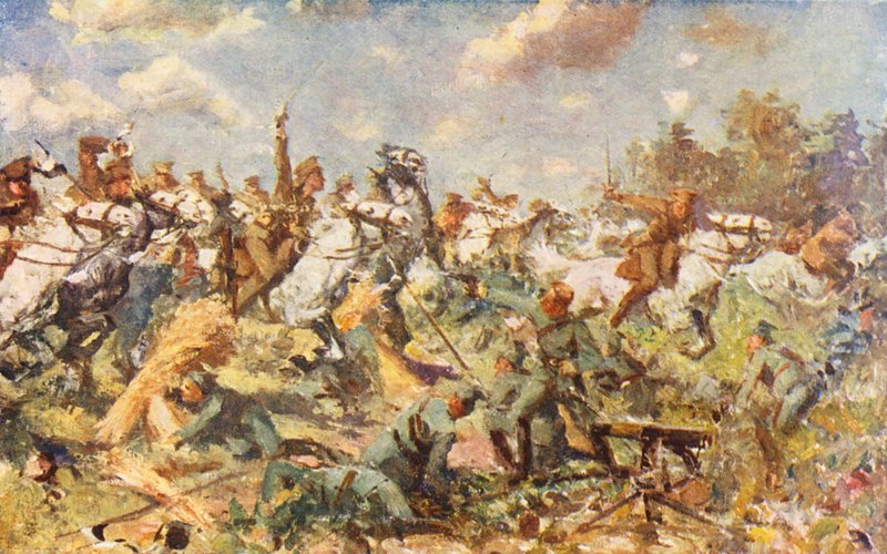 1. világháború: A skótok támadása, 1914. augusztus (színes litográfia) alkotó: Allan Stewart