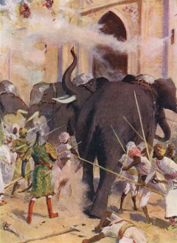Háborús elefántok rohamozzák az Arcot-i erőd kapuját (színes litográfia) alkotó: Allan Stewart
