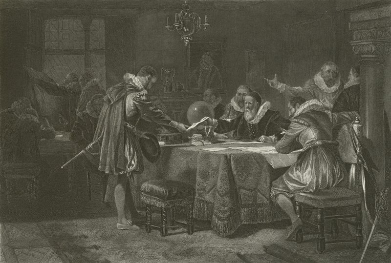 Henry Hudson a Holland Kelet-Indiai Társaságtól kapott megbízást, 1609 alkotó: Alonzo Chappel