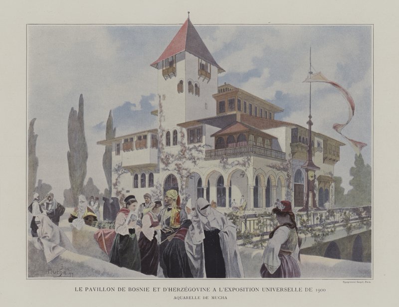 Bosznia-Hercegovina pavilonja az Exposition Universelle 1900-ban, Párizs (színes litó) alkotó: Alphonse Marie (after) Mucha