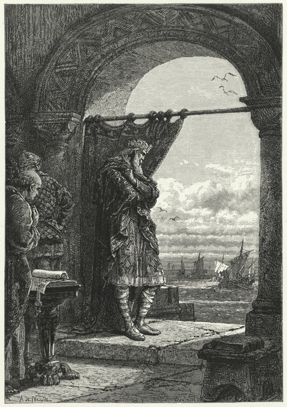 Nagy Károly aggódva figyeli a normann fosztogatókat szállító hajók közeledését (metszet) alkotó: Alphonse Marie de (after) Neuville