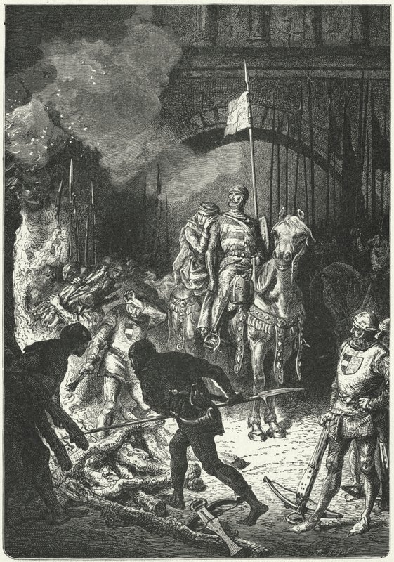 El Cid feleségével, Dona Jimenával felügyeli Ahmed, Valencia mór királya temetkezési máglyájának építését. alkotó: Alphonse Marie de (after) Neuville