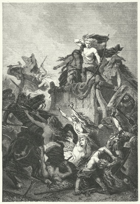 Germán nők halálig védik táborukat (metszet) alkotó: Alphonse Marie de (after) Neuville