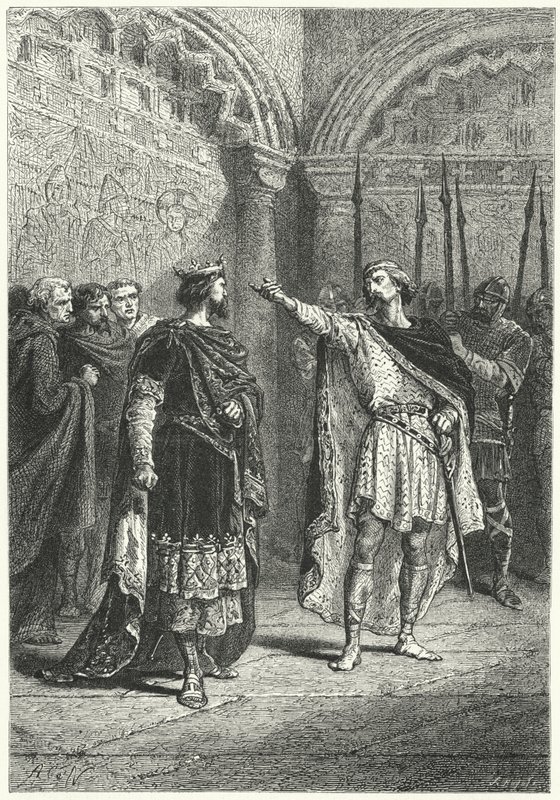 Hugh Capet, a frankok királya és a lázadó Adalbert Perigord gróf, 987 (metszet) alkotó: Alphonse Marie de (after) Neuville