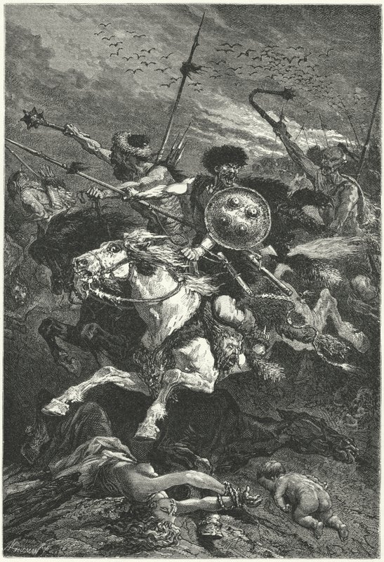 Hunok rohamozók a chalonsi csatában, 451 (metszet) alkotó: Alphonse Marie de (after) Neuville
