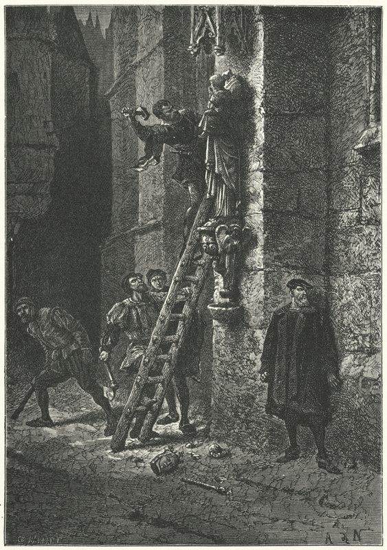 Protestánsok lerombolják a Szűz és a Gyermek szobrát a párizsi Notre Dame-on alkotó: Alphonse Marie de (after) Neuville