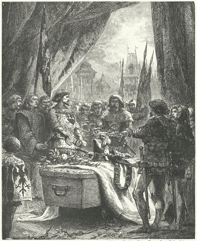 Chateauneuf de Randon parancsnoka Bertrand du Guesclin koporsójára teszi a város kulcsait alkotó: Alphonse Marie de (after) Neuville