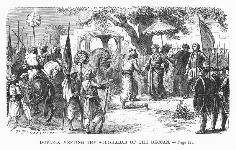 Dupleix találkozás a Deccan Soudhabarjával, illusztrációja M. Guizot „Franciaország népszerű története” című könyvéből, 1885 körül alkotó: Alphonse Marie de Neuville