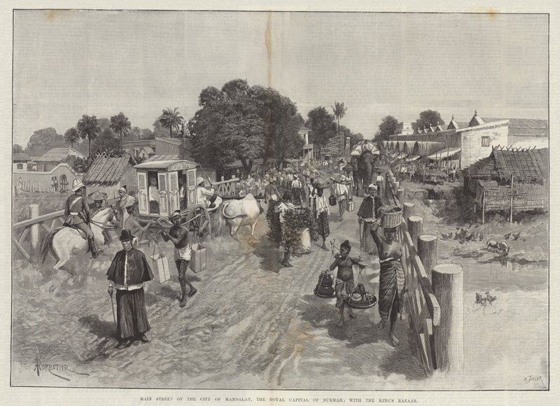 Mandalay városának főutcája, Burma királyi fővárosa; a királyi bazárral együtt. alkotó: Amedee Forestier