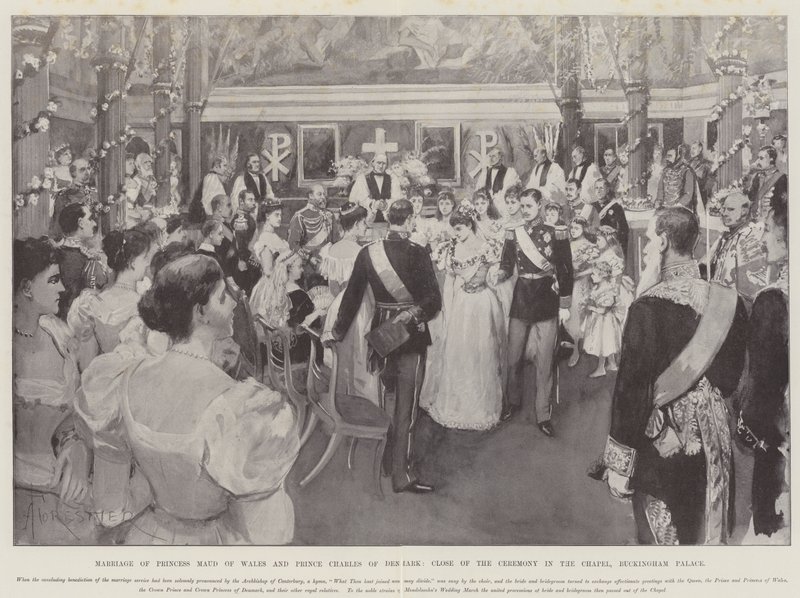 Maud walesi hercegnő és Károly dán herceg házassága, a szertartás vége a kápolnában, Buckingham-palota alkotó: Amedee Forestier