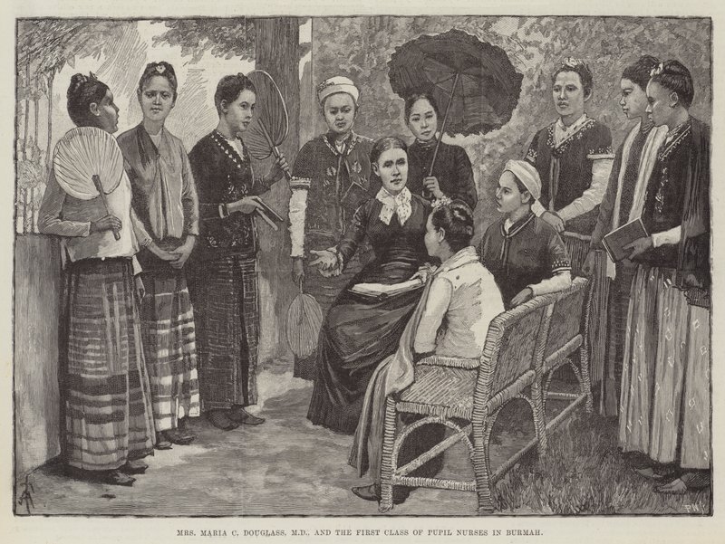 Mrs. Maria C Douglass, MD, és az első osztályú tanulóápolók Burmahban alkotó: Amedee Forestier