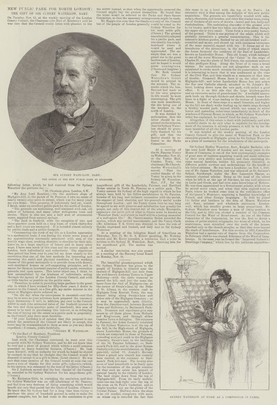Új nyilvános park Észak-Londonban, Sir Sydney Waterlow ajándéka, Baronet alkotó: Amedee Forestier