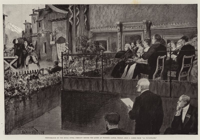 A Királyi Operatársulat előadása a királynő előtt a windsori kastélyban, július 6., péntek, Jelenet a La Navarraise című operából. alkotó: Amedee Forestier