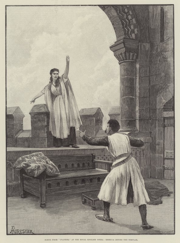 Jelenet az Ivanhoe-ból, az Angol Királyi Operában, Rebecca szembeszáll a templomosokkal. alkotó: Amedee Forestier