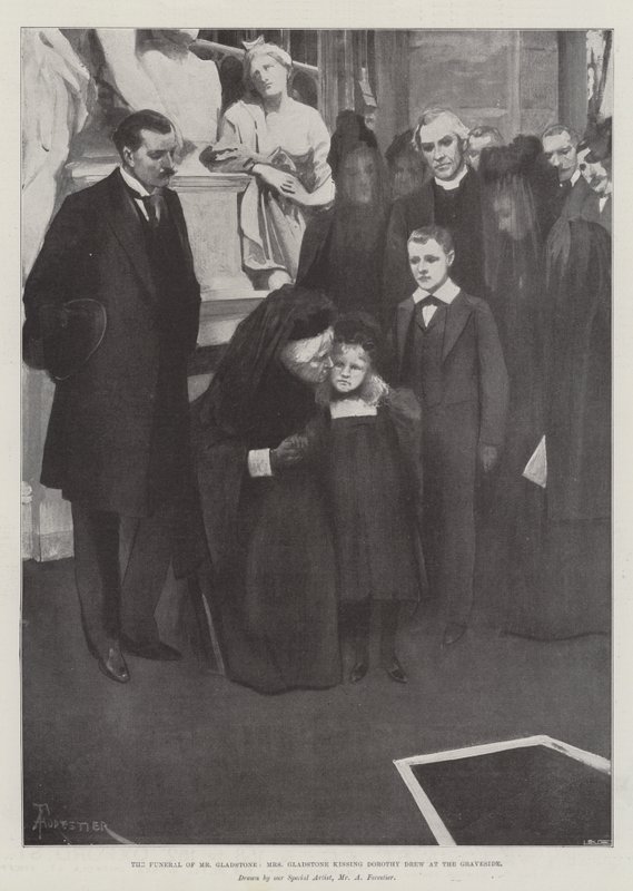 Mrs Gladstone temetése, Mrs Gladstone megcsókolja Dorothy Drew-t a sírnál alkotó: Amedee Forestier