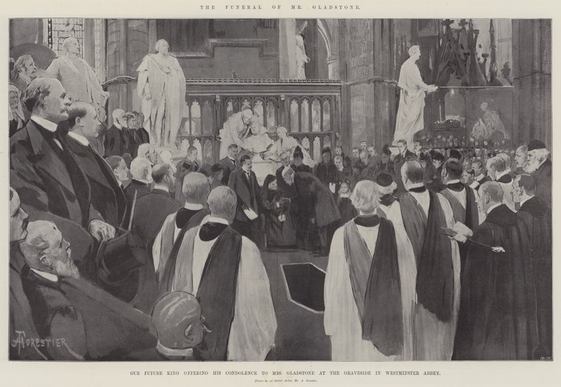 Gladstone úr temetése, a jövendő királyunk, aki részvétét nyilvánítja Mrs. Gladstone-nak a westminsteri apátság sírjában alkotó: Amedee Forestier