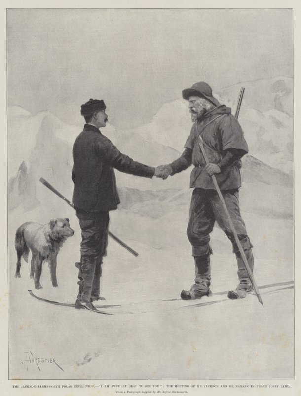 A Jackson-Harmsworth sarki expedíció, borzasztóan örülök, hogy látom, Jackson úr és Dr. Nansen találkozója Ferenc József földjén. alkotó: Amedee Forestier