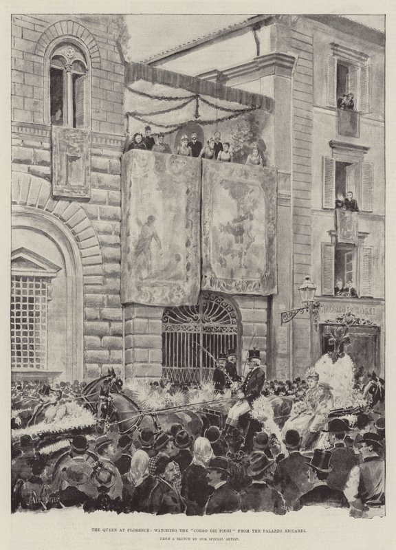 A királynő Firenzében, a Corso dei Fiori-t figyeli a Palazzo Riccardi palotából alkotó: Amedee Forestier