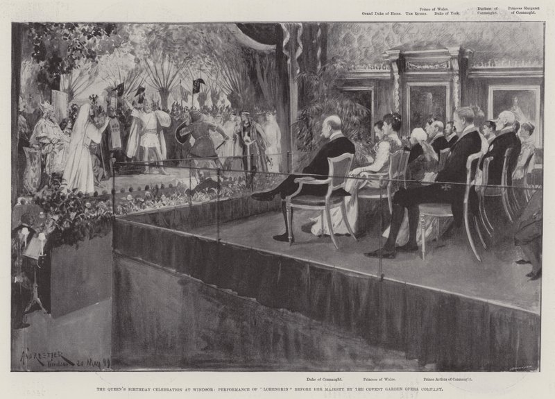 A királynő születésnapi ünnepsége Windsorban, Lohengrin előadása Őfelsége előtt a Covent Garden Opera Company előadásában alkotó: Amedee Forestier