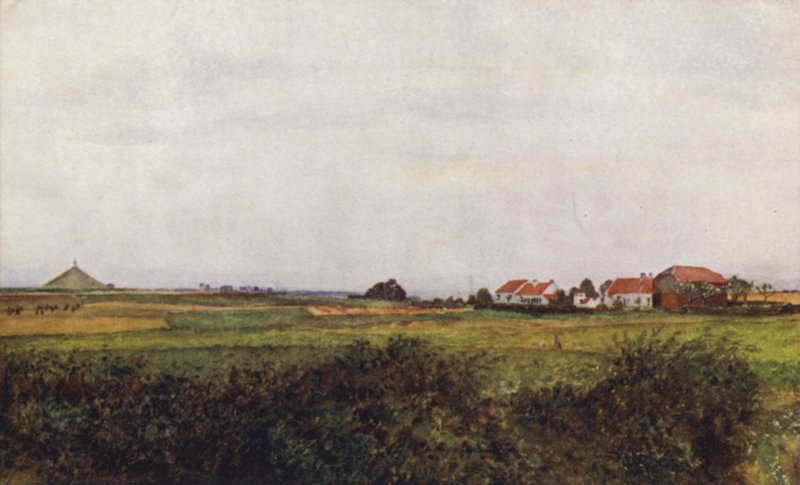 A La Belle Alliance farmja és a belga oroszlán által felülemelt halom, Waterloo alkotó: after Amedee Forestier