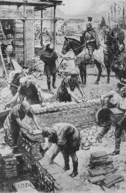 Római tábornok, aki egy kormányzói ház építését irányítja a Darent mellett, ahol az alapok még mindig fennmaradtak (litho) alkotó: Amedee (after) Forestier