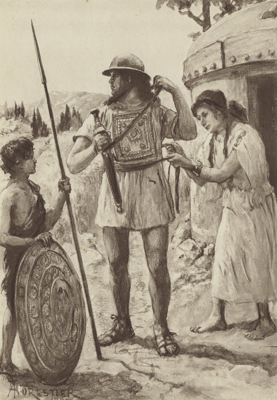 Egy bronzkori dőlt farmer, harcra felfegyverkezve (litho) alkotó: Amedee (after) Forestier