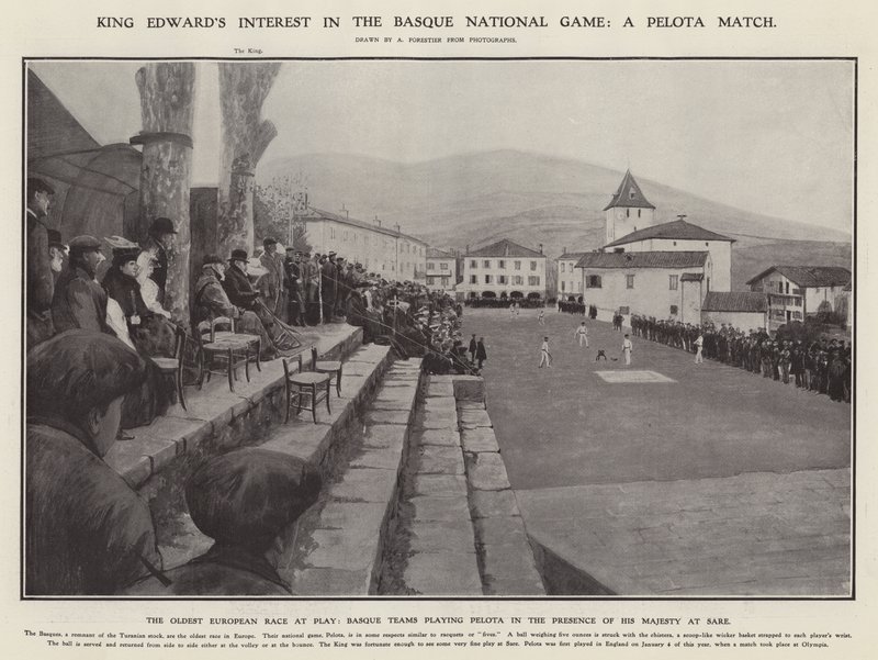 Edward király érdeklődése a baszk nemzeti játék iránt: Pelota meccs (litho) alkotó: Amedee (after) Forestier