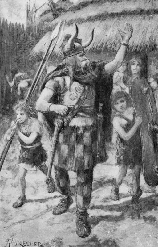 Egy brit falu kelta lakói elindultak, hogy elűzzék a megszálló teutonokat (litho) alkotó: Amedee (after) Forestier