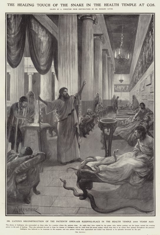 A kígyó gyógyító érintése a kozsoki egészségtemplomban (litho) alkotó: Amedee (after) Forestier
