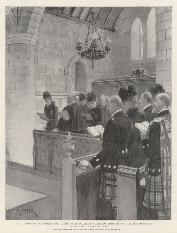 VII. Edward király Balmoralban, Őfelsége és Alexandra királyné részt vesznek az istentiszteleten a Crathie plébániatemplomban október 6-án, vasárnap délelőtt. alkotó: Amedee Forestier