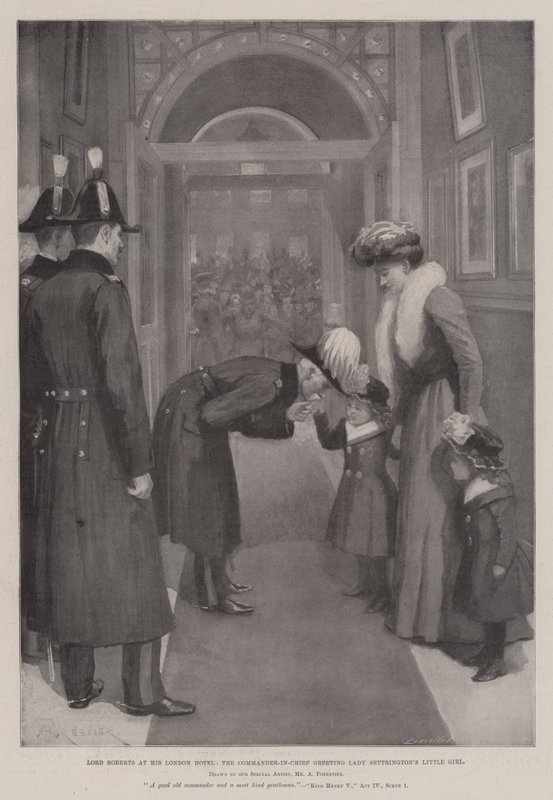 Lord Roberts a londoni szállodájában, a főparancsnok üdvözli Lady Settrington kislányát alkotó: Amedee Forestier