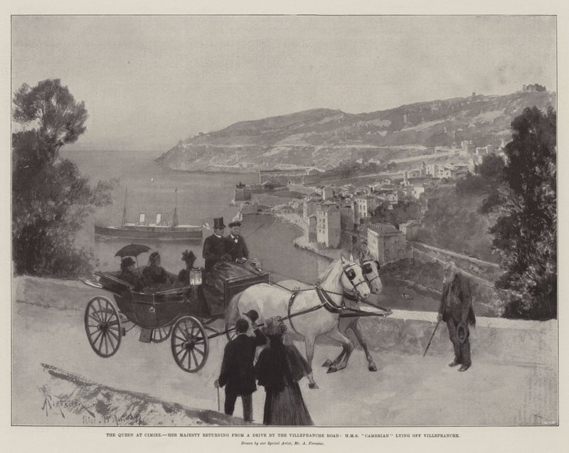 A királynő Cimiezben, Őfelsége visszatér a Villefranche Road-i Drive-ról, a HMS Cambrian Villefranche-on fekszik alkotó: Amedee Forestier
