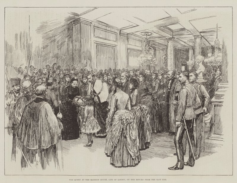 A királynő a londoni Mansion House-ban, a londoni Cityben, az East Endről való visszatérésekor alkotó: Amedee Forestier