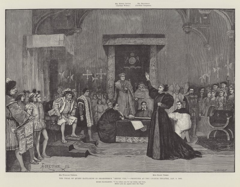 Katharine királynő pere Shakspere VIII. Henrik című filmjében, a Lyceum Theatre-ben, 1892. január 5. alkotó: Amedee Forestier
