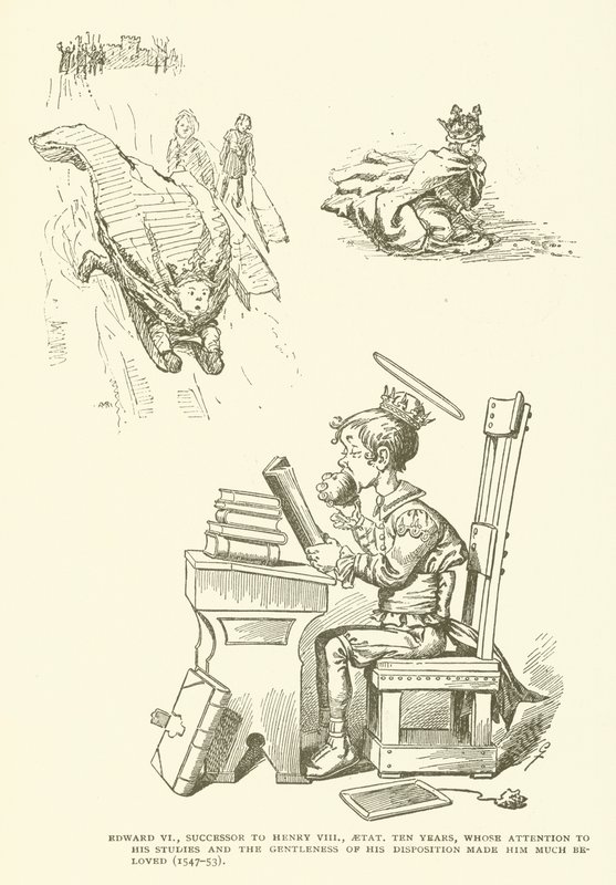 VI. Edward, VIII. Henrik utódja, tíz éve élt, akit tanulmányai iránti figyelme és szelíd kedélye nagyon megszerette (1547-53) alkotó: American School