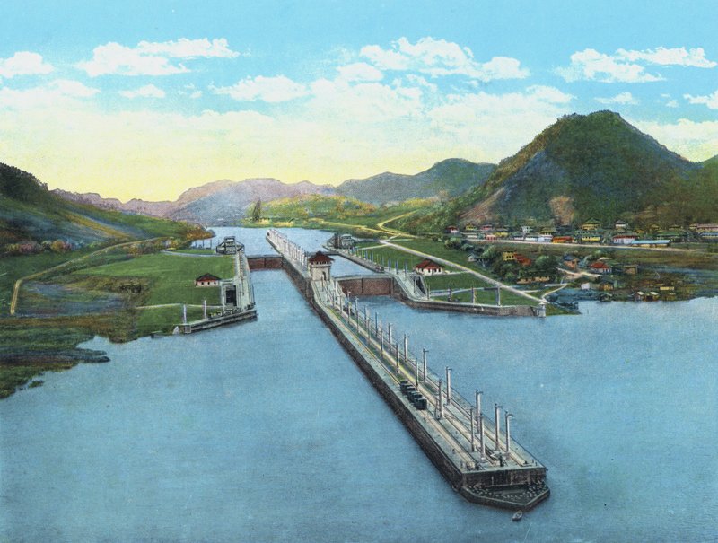 Madártávlat a Pedro Miguel-zsilipről, Panama-csatorna (színes fotó) alkotó: American Photographer (after)