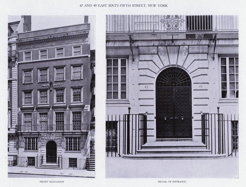 Charles A Platt: East Sixty-Fifth Street 47 és 49, New York, homlokzati magasság, bejárat részlete (f/w fotó) alkotó: American Photographer (after)