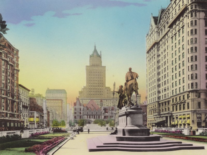 New York: Fifth Avenue és a Plaza; Heckscher Bldg; Sherman tábornok szobra; Hotel Plaza (fotó) alkotó: American Photographer (after)