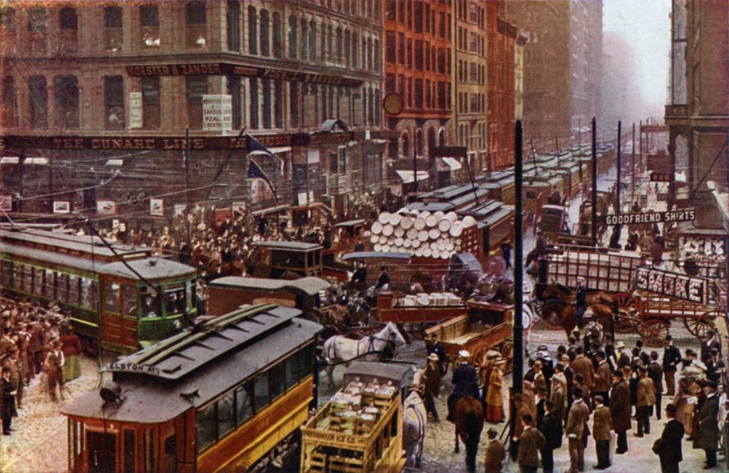 Mozgalmas nap a Dearborn és a Randolph utcákon (színes fotó) alkotó: American Photographer