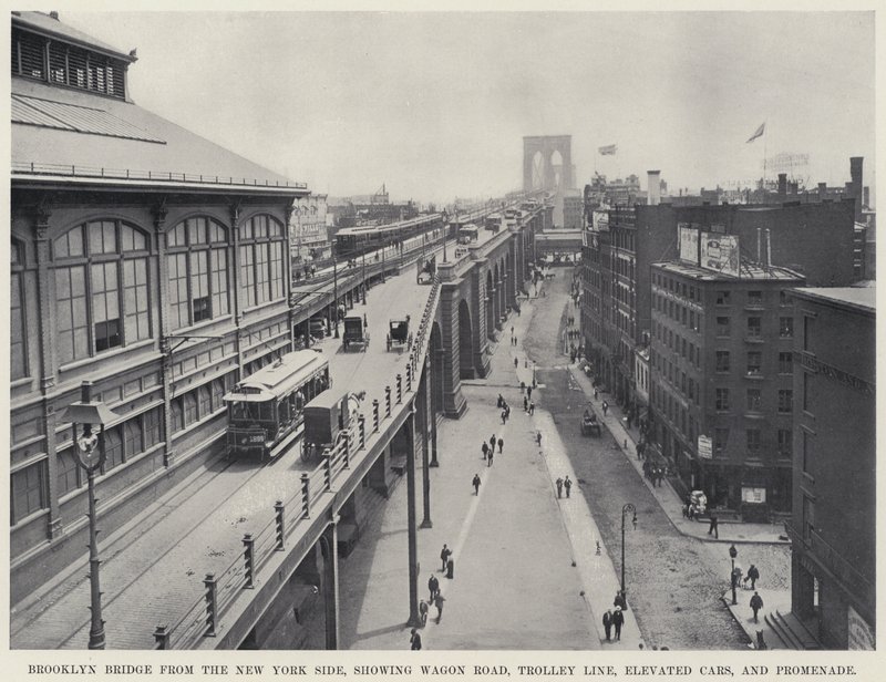 Brooklyn híd a New York-i oldalról, a Wagon Road, a Trolley Line, az Elevated Cars és a Promenade bemutatásával (f/w fotó) alkotó: American Photographer