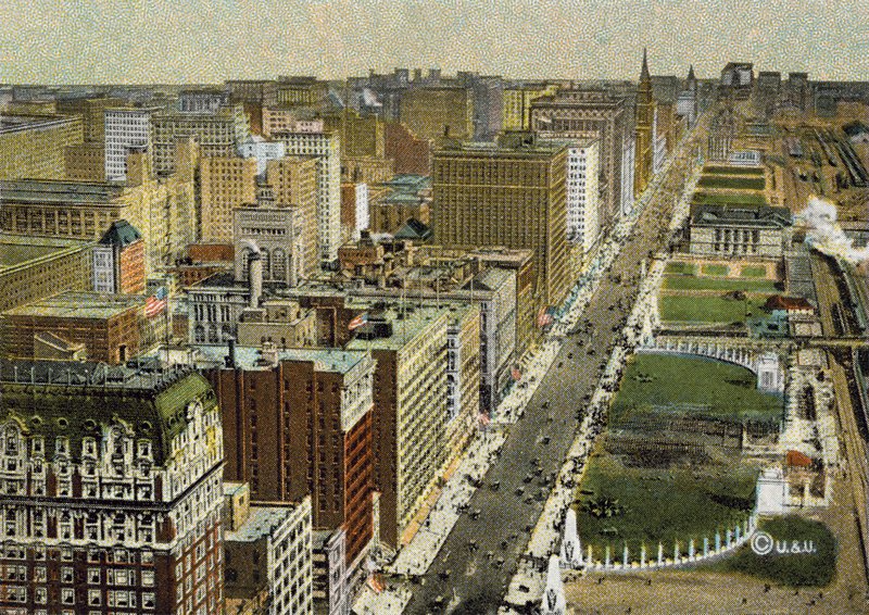 Michigan Boulevard, északra nézve, a repülőgépről nézve (színes fotó) alkotó: American Photographer