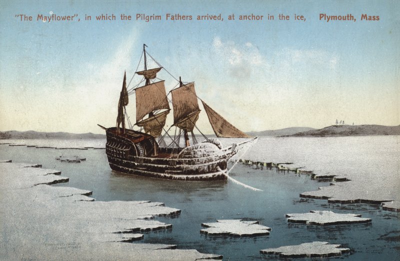 A Mayflower, amelyen a zarándok atyák megérkeztek, horgonyt vet a jégen, Plymouth, Massachusetts (színes fotó) alkotó: American Photographer
