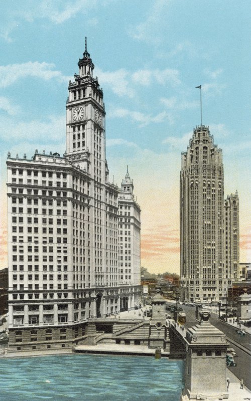 Wrigley épület és Tribune Tower (színes fotó) alkotó: American Photographer