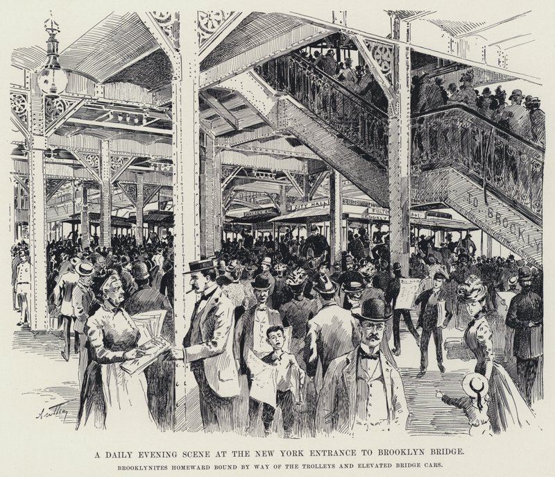 Napi esti jelenet a Brooklyn Bridge New York-i bejáratánál (litho) alkotó: American School