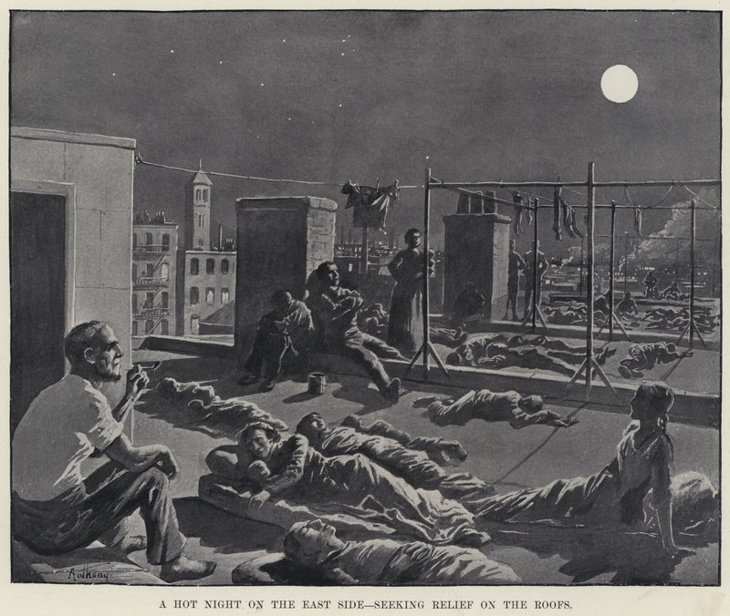 Forró éjszaka a keleti oldalon, enyhülést keresve a háztetőkön (litho) alkotó: American School