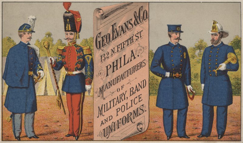 A George Evans & Co hirdetése, katonai, zenekari és rendőri egyenruhákat gyártó, 132 N Fifth Street, Philadelphia alkotó: American School