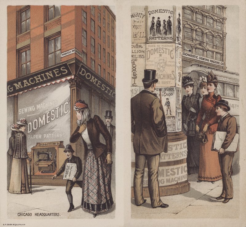A háztartási varrógép cég hirdetése, Chicago, Illinois, USA (színes litho) alkotó: American School