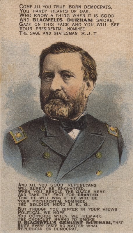 Ulysses S Grant amerikai katona és politikus, Blackwell Durham Bull Tobacco reklámkártyája, 1870-es évek alkotó: American School